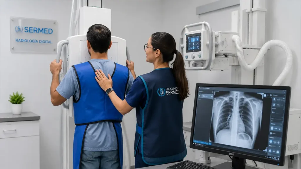 ¿Qué son los Rayos X y para qué sirven? Guía completa 1 ¿Qué son los Rayos X? Paciente realizando examen de radiografía digital en Policlínico SERMED SJM