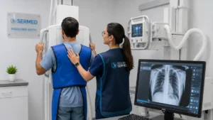 ¿Qué son los Rayos X? Paciente realizando examen de radiografía digital en Policlínico SERMED SJM