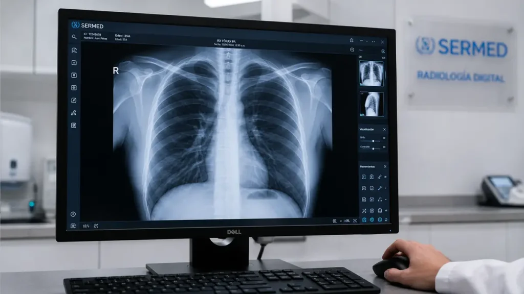 ¿Qué son los Rayos X y para qué sirven? Guía completa 2 Sala de radiología digital exclusiva de Policlínico SERMED en SJM con monitor médico